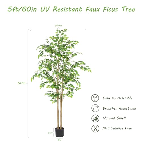 Nafresh 5ft Tall UV-Resistant Ficus Tree Artificial, Realistic Smooth Leaves, Indoor/Outdoor Faux Ficus