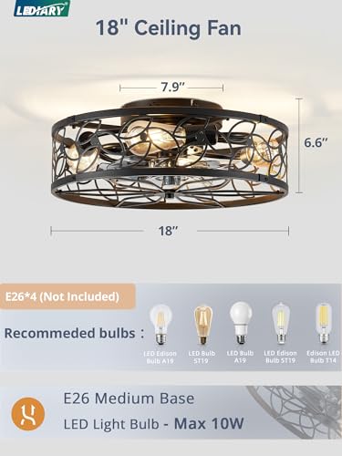 LEDIARY Walnut and Black Caged Ceiling Fan with Light - Flush Mount with Remote - Medium Variation