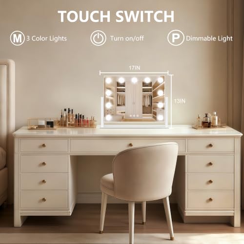 Moonee 17x13-Inch White Vanity Mirror with Lights, 360° Swivel & Dimmable LED