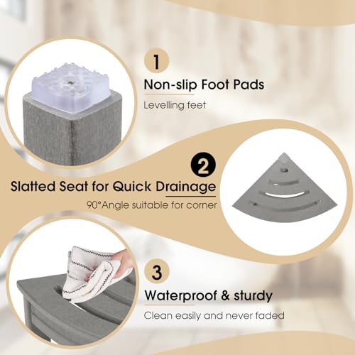 Apolimi Grey HDPE Corner Shower Stool with Storage Shelf, Non-Slip Bath Seat