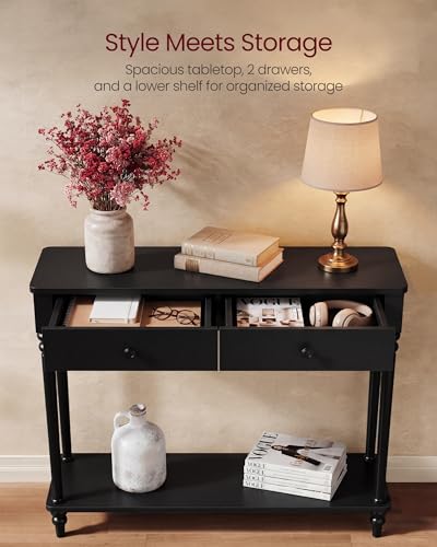 VASAGLE 39.3-Inch Console Table with Solid Wood Legs - Ink Black, Narrow Entryway Sofa Table, 11.8" Deep