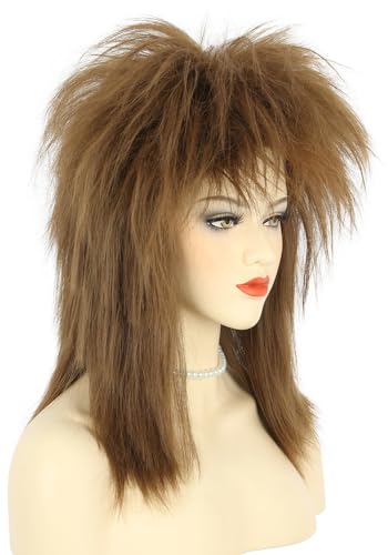 Long Curly Brown Wig with Necklace for Cosplay 70s 80s Rocker Style