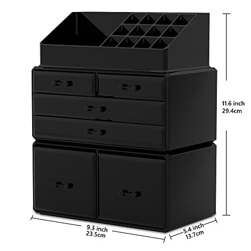 Makeup Organizer 3 Pieces with 6 Drawers - Black, 3 Layer Cosmetic Storage