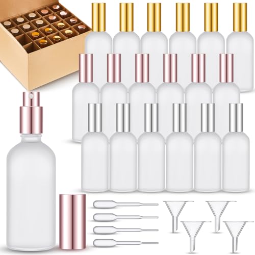 18 Pack 3.4 oz Glass Spray Bottles, Empty Perfume Frosted Fine Mist Atomizer, Refillable Small Travel Containers for Cleaning Products, Essential Oils, Body Sprays- Gold, Rose Golden, Silver