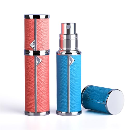 Sky Blue & Pink Travel Perfume Atomizer Set - 2pcs 5ml Refillable Cologne Bottles with Leather Case