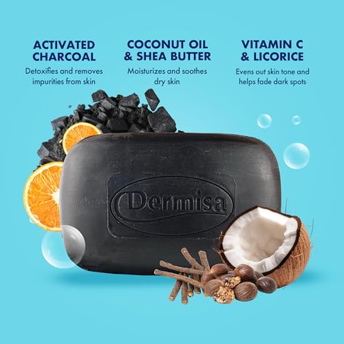 Dermisa Detoxifying Charcoal Bar Soap with Activated Charcoal, Coconut Oil and Shea Butter - Deep Pore Cleansing and Acne Treatment Soap for All Skin Types, 3.0 oz, Pack of 3