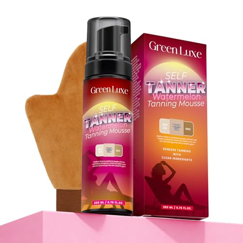 Self Tanner Mousse Mitt Kit ? Sunless Tanning Foam with Hyaluronic Acid for Hydrating - Flawless & Streak-Free Fake Tan Mousse, Watermelon Scent Medium Glow 6.76 fl. oz