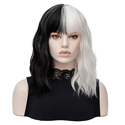Short Wavy Shoulder Length Women's Heat Resistant Wig with Full Bang - Black and White Variation