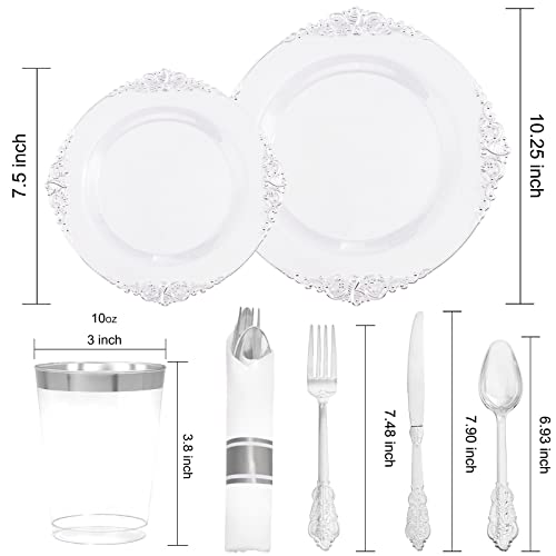 Morejoy 350PCS Clear Silver Disposable Plates Set - Elegant Party Dinnerware