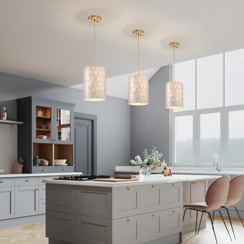 LumFurn D7in Gold Capiz Shell Chandelier - Adjustable Coastal Ceiling Light Fixture
