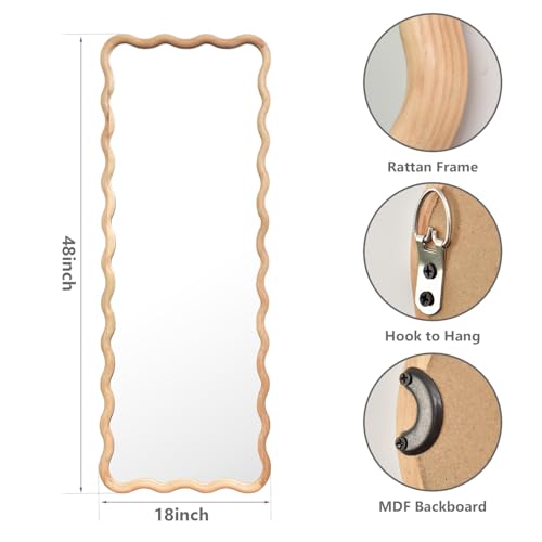 Tunjig 18x48 Inch Solid Wood Full Length Floor Mirror - Natural, Wavy Frame