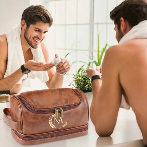 Personalized Leather Toiletry Bag For Men, Engraved Initial Travel Toiletry Bag for Men, Travel kit for Him, Ideal Gift for Him Dad Father Son Husband Grandpa Lover Christmas Anniversary Birthday(R)