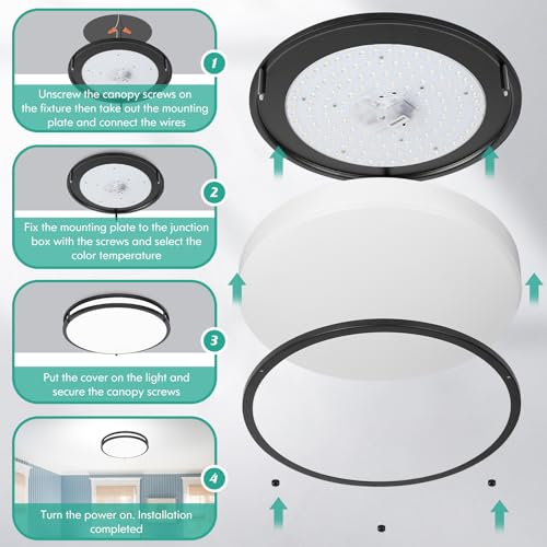 Black 16 Inch Dimmable LED Ceiling Light Fixture 50W 5CCT Stepless Adjustable