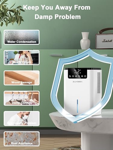 2200ML Dehumidifier for Home & Basement with 75oz Water Tank, Quiet 2 Modes, Auto Shut Off & Ambient Light