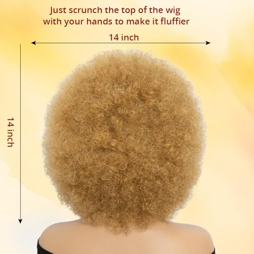 Short Afro Human Hair Wig for Black Women - Honey Blonde 70s Style Curly Wig with Bangs