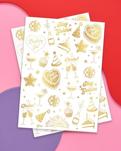 Gold Temporary Tattoos Pack of 3 - 50 Styles for Birthday Party Favors, Girl Celebration, Fun Accessories - Medium