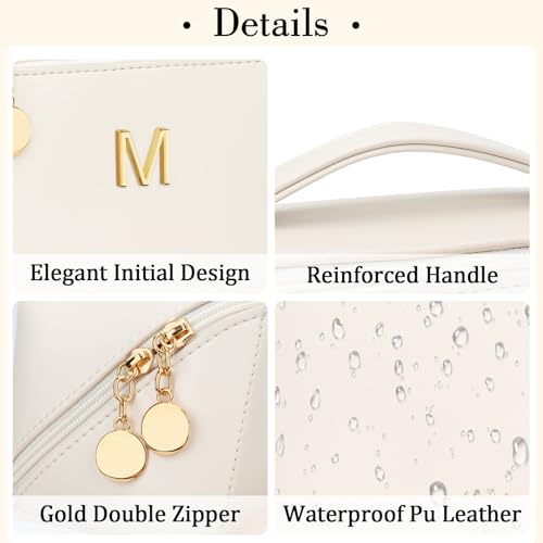 Large Beige Personalized Initial Makeup Bag for Bridesmaids - CLOUDWINGS