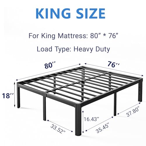 King Bed Frame 18 Inch Heavy Duty Metal Platform No Box Spring Needed - Black, Noise-Free, Easy Assembly, Variation: King / 18 Inch