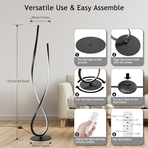 NUÜR 59-Inch Black Spiral LED Floor Lamp with Remote - Modern Standing Light