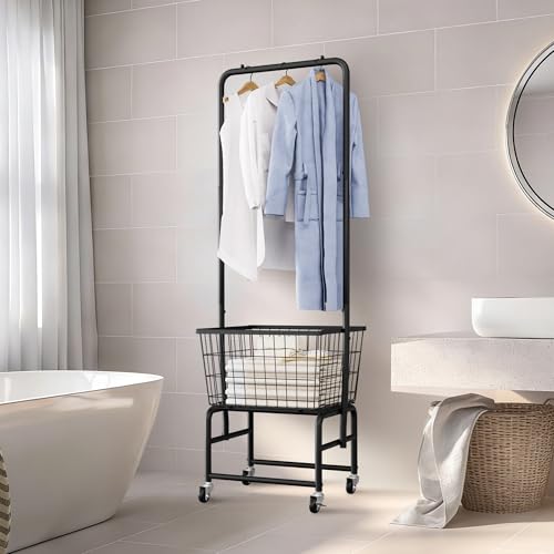 Rolling Laundry Cart with Wheels - Black Metal Hamper & Clothes Organizer with Hanging Rack