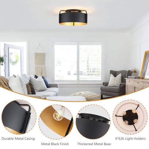 Black 4-Light Flush Mount Ceiling Light Fixture with Gold Inside - Modern Kitchen & Living Room Lighting - Variation of THIS listing