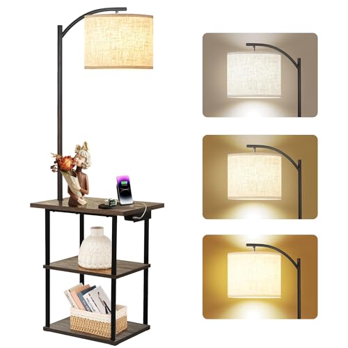 Vintage Grey Floor Lamp with 3-Tier Side Table and Charging Station