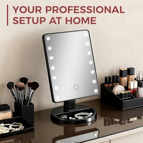 KOOKIN Lighted Makeup Mirror with Lights, Dimmable Desk Mirror - Black, Touch Control, 180° Rotation