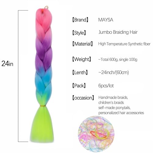 Rainbow Braiding Hair Extensions 24in, Pre-Stretched Synthetic Multicolor 6 Packs - Rouge Pink-Purple-Blue-Green