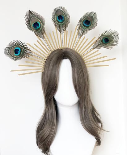 Peacock Feather Gold Halo Crown Headband with Earrings - Bridal Festival Cosplay