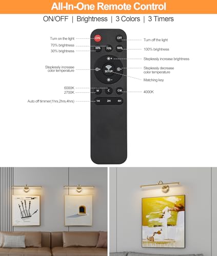 Brass Dimmable Battery Operated Picture Light 23.6inch with Remote & Timer - Tassuowell