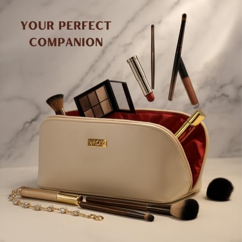 NAORI Travel Makeup Bag for Women | Large Luxury Cosmetic Organizer with Handle & Inner Pockets | Waterproof Faux Leather Toiletry Bag | Makeup Case for Home, Travel & Gifting (Creamy Beige)