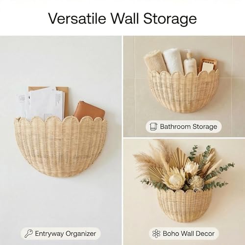 Large & Middle Scalloped Wicker Wall Basket Set - Handwoven Boho Rattan Wall Decor & Storage