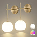 Brass Wireless Wall Sconces Set of 2 - Rechargeable RGB & Dimmable Wall Lights with Remote, Frosted Glass, No Wiring, for Bedroom & Living Room - Variation: Brass / 2-Lights