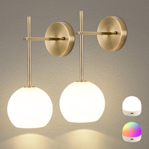Brass Wireless Wall Sconces Set of 2 - Rechargeable RGB & Dimmable Wall Lights with Remote, Frosted Glass, No Wiring, for Bedroom & Living Room - Variation: Brass / 2-Lights