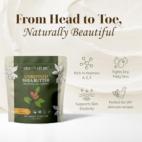 era of nature Organic Unrefined Raw African Ivory White Shea Butter 32oz - Moisturizing Raw Shea Butter Bar for Skin & Hair, DIY Lip Balm Base, Cream, Soap & Lotion Making Supplies Kit, Skincare