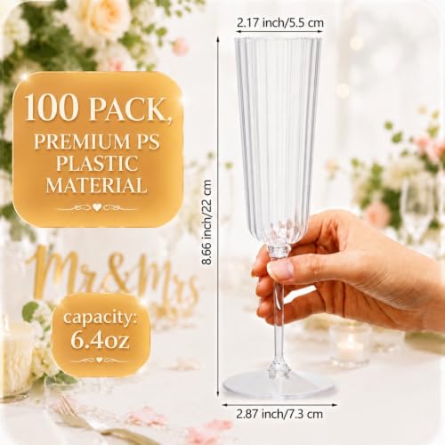 Clear Plastic Ribbed Champagne Flutes Set of 100, 6.4 oz Disposable Drinkware for Parties