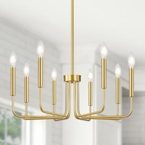 8-Light Gold Chandelier - Brushed Finish Farmhouse Ceiling Light Fixture for Dining Room & Living Room - No Assembly