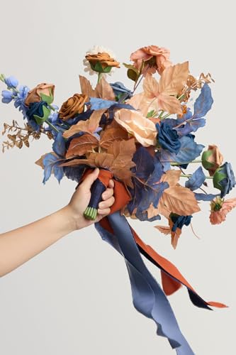 Orange & Navy Blue Bridal Bouquet - Small Freeform Wedding Flowers with Pearls & Crystals