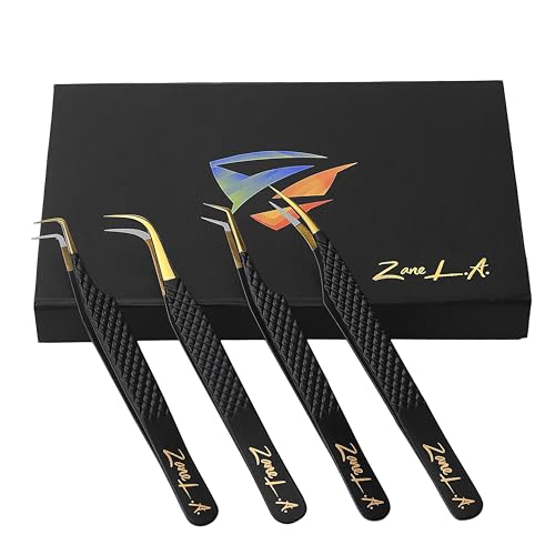 Zane L.A. Nano Fiber Tip Professional Eyelash Extension Tweezers, a pack of 4, Quality tweezers made with Japanese Stainless Steel, FREE Eyelash Separator. (Black)