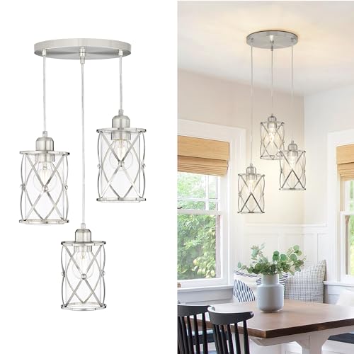 Osimir Brushed Nickel 3-Light Pendant Ceiling Light Fixture with Clear Glass - Adjustable Cable, Modern Kitchen Island Cluster Lighting - Nickel, Clear Glass / 3-Light