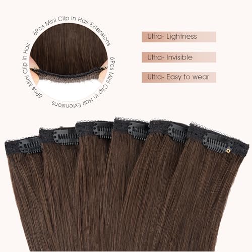 Chocolate Brown 12-Inch Remy Human Hair Clip-In Extensions for Volume & Highlights - 6 Pieces