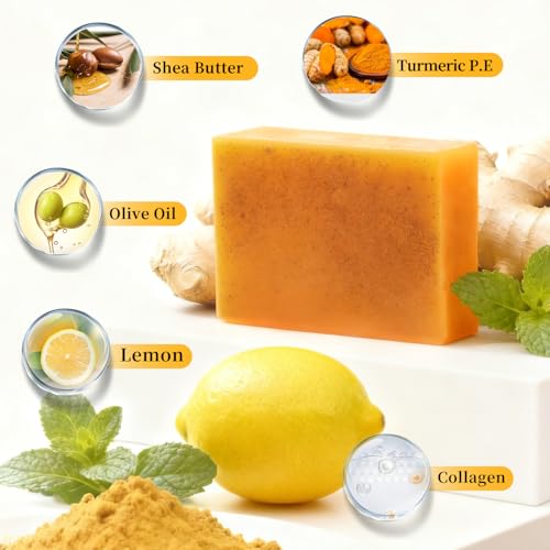 Lemon Turmeric Soap Bars for Face Body - Improve Skin Texture Turmeric Soap Bar with African Net Sponge, 4 Bars