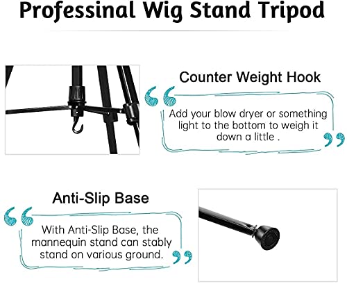 Adjustable Wig Stand Tripod with Mannequin Head Support - 24 to 64 Inch, Metal, Pack of 1