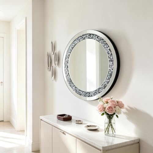 28x28 Inch Crystal Crushed Diamond Round Wall Mirror - Silver Home Decor with Variation 28L x 28W