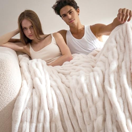 Cream White Double-Sided Faux Fur Throw Blanket 50x60 Cozy Bliss