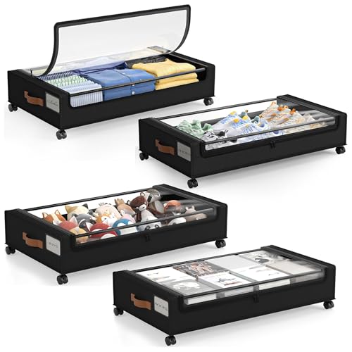 Under Bed Storage Containers with Wheels - 4 Pack, 60L, Black, Heavy-Duty