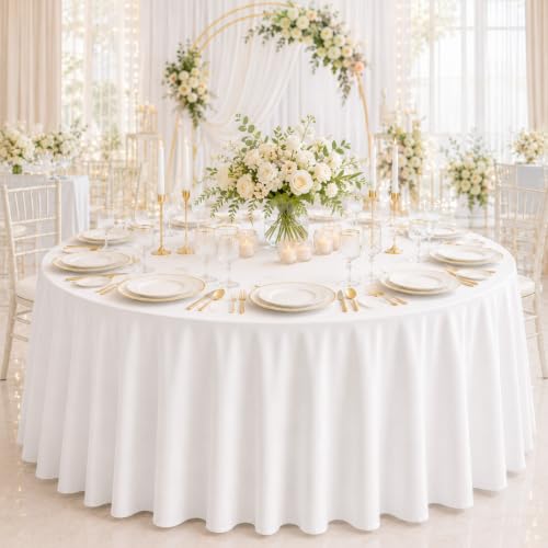 White Round Tablecloth 120 Inch, 10 Pack Washable Polyester Cover for Dining & Events - Variation of White / 10 Pack