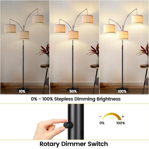 Nintiue Matte Black Floor Lamp with Beige Linen Shades - Dimmable 3-Light Arc Standing Lamp for Living Room & Bedroom
