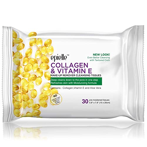Epielle Makeup Remover Wipes, Remove Waterproof Mascara, Gentle Daily Facial Cleanser Towelettes with Collagen, Tea Tree & Aloe Vera, Stocking Stuffers, 30 Count (Pack of 6)