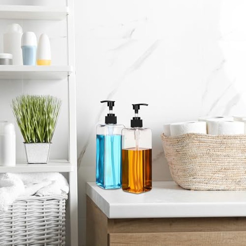 8 Pcs Empty Shampoo Bottles with Pump 16 Oz Plastic Soap Dispenser Refillable Body Wash Bottles for Bathroom, Kitchen Sink, Hotel, Salon(Transparent, Black)